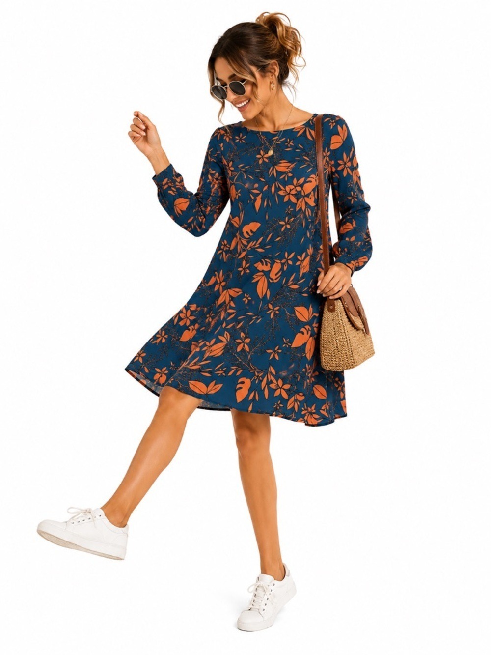 Suzanne Betro Plus Size 1X Blue Orange Floral Teal Sheath Long Sleeved D…